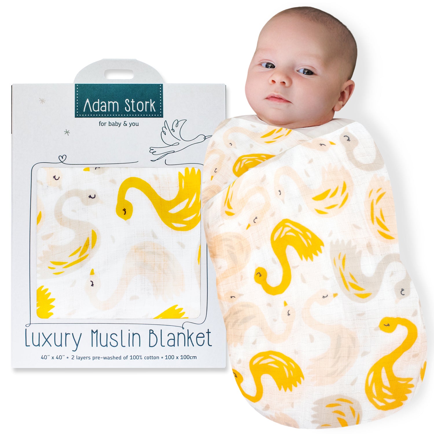 Mango　Stork®　Adam　Muslin　Yellow　Girls　Swaddle　for　Blanket　Swan