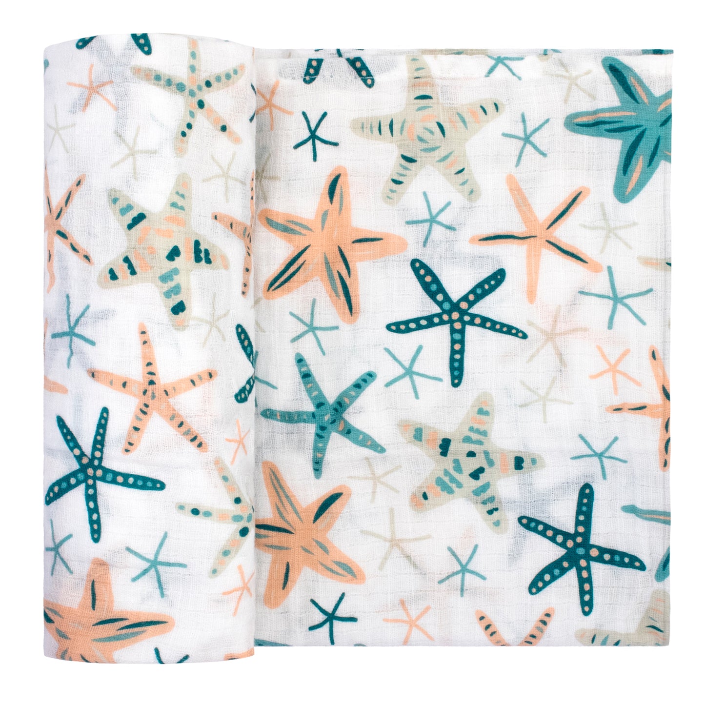 Adam Stork 100% Cotton Luxury Baby Muslin Swaddle Blanket Gender Neutral for Girls and Boys Blue Beige Starfish