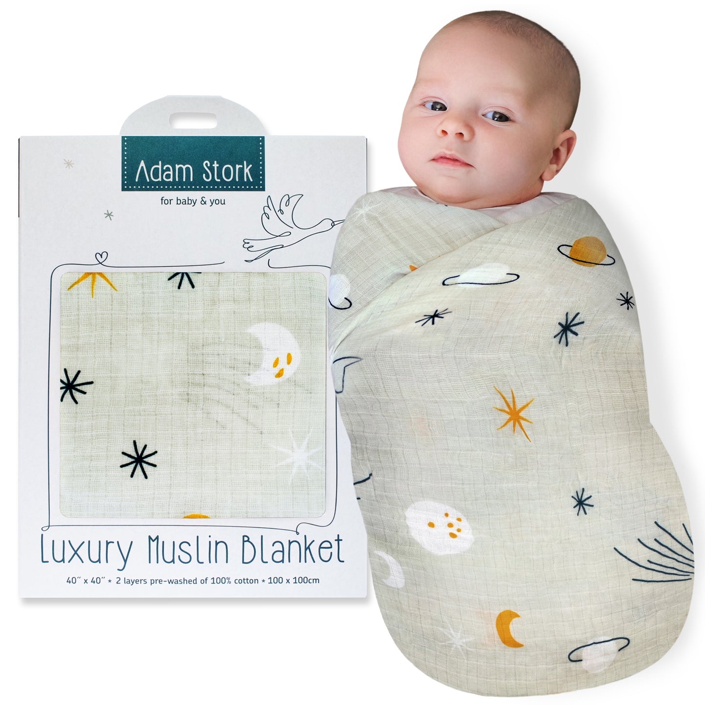Adam Stork® Muslin Swaddle Blanket 100% Cotton for Baby Girl & Boy Unisex Gender Neutral Planetary