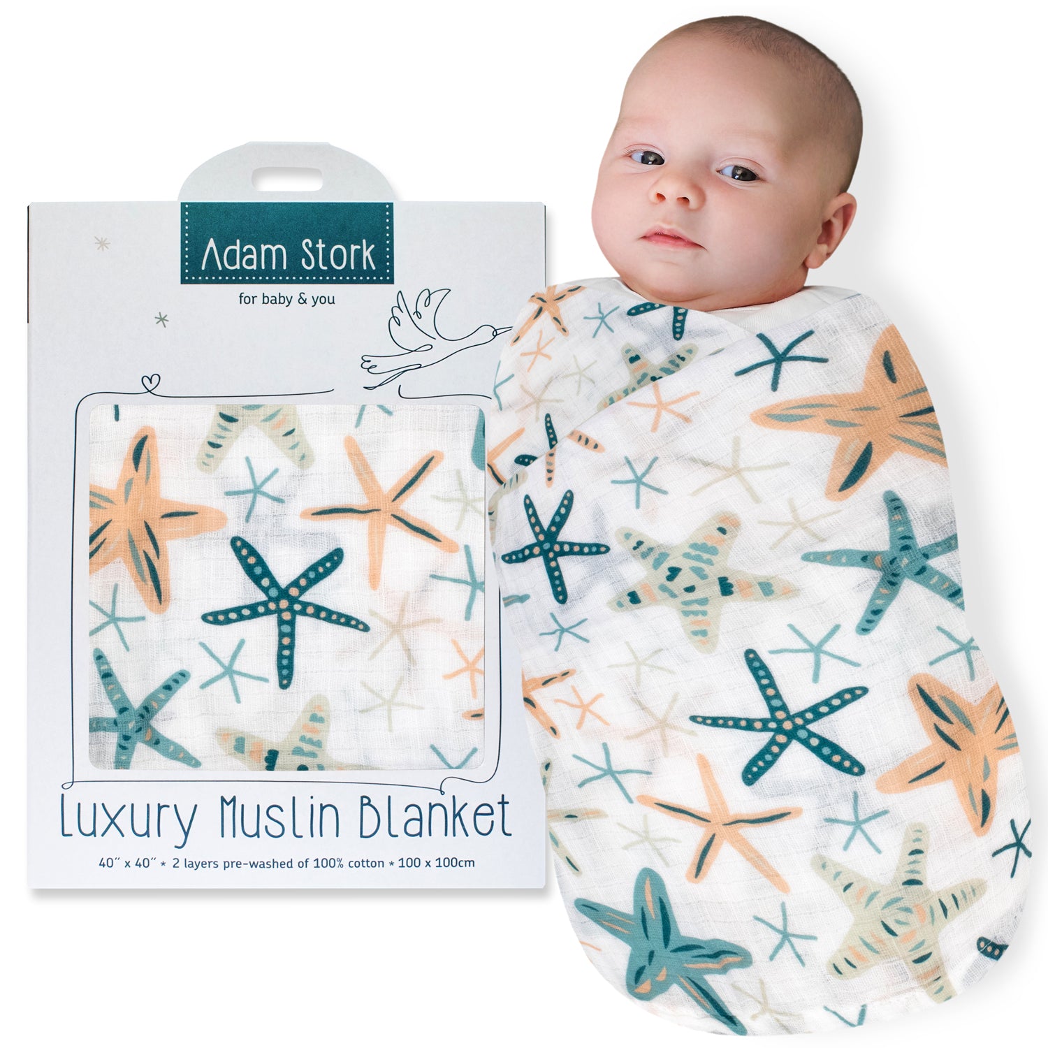 Adam Stork 100% Cotton Swaddle Blanket Gender Neutral for Girls and Boys Blue Beige Starfish