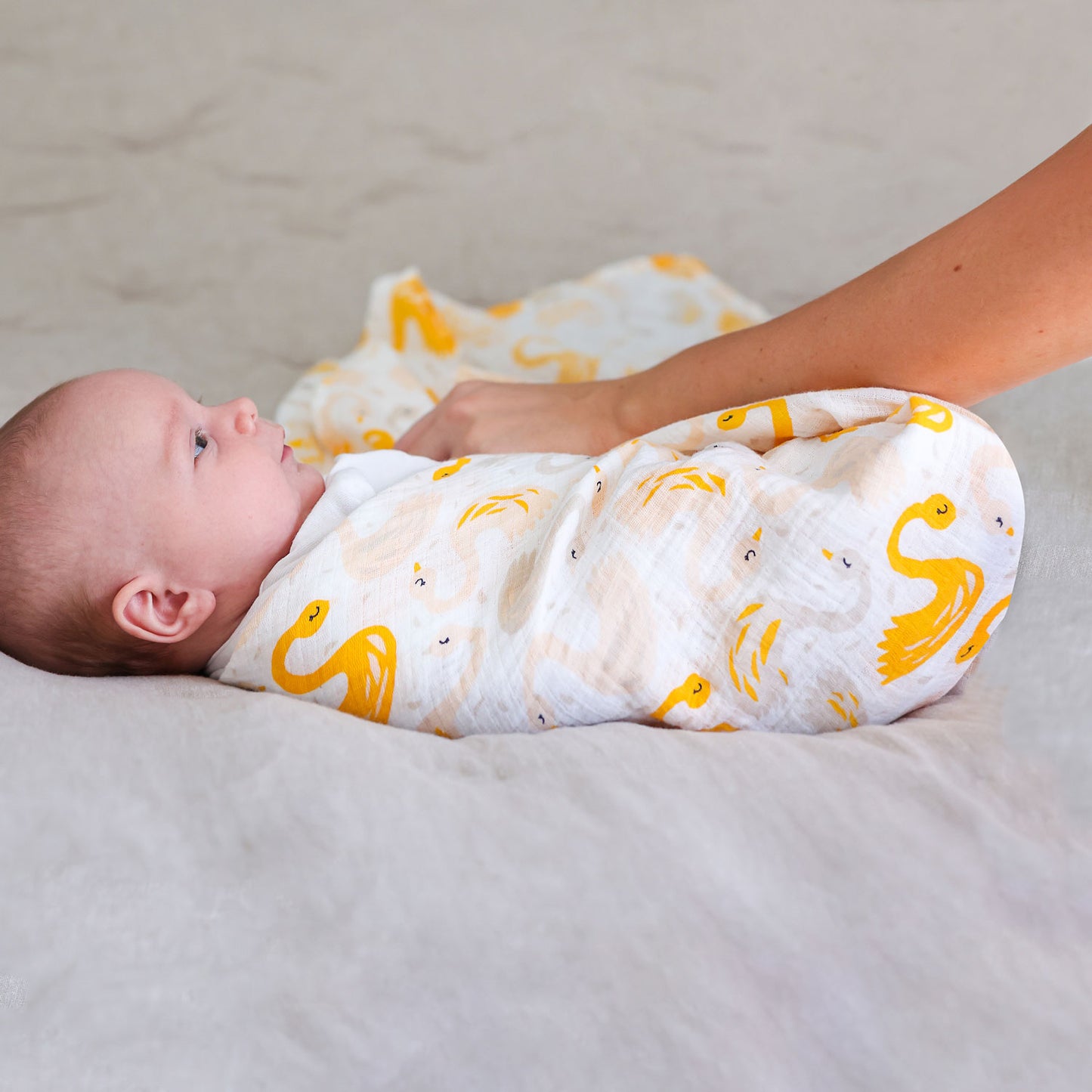 Adam Stork® Muslin Swaddle Blanket for Girls Yellow Mango Swan
