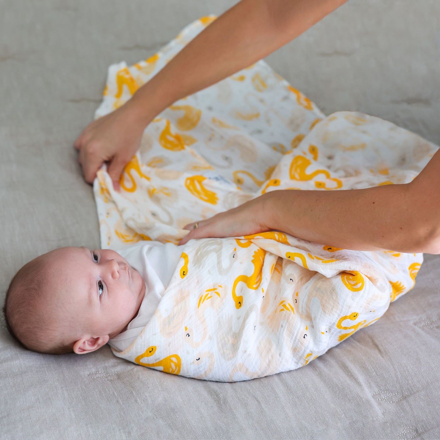 Adam Stork® Muslin Swaddle Blanket for Girls Yellow Mango Swan