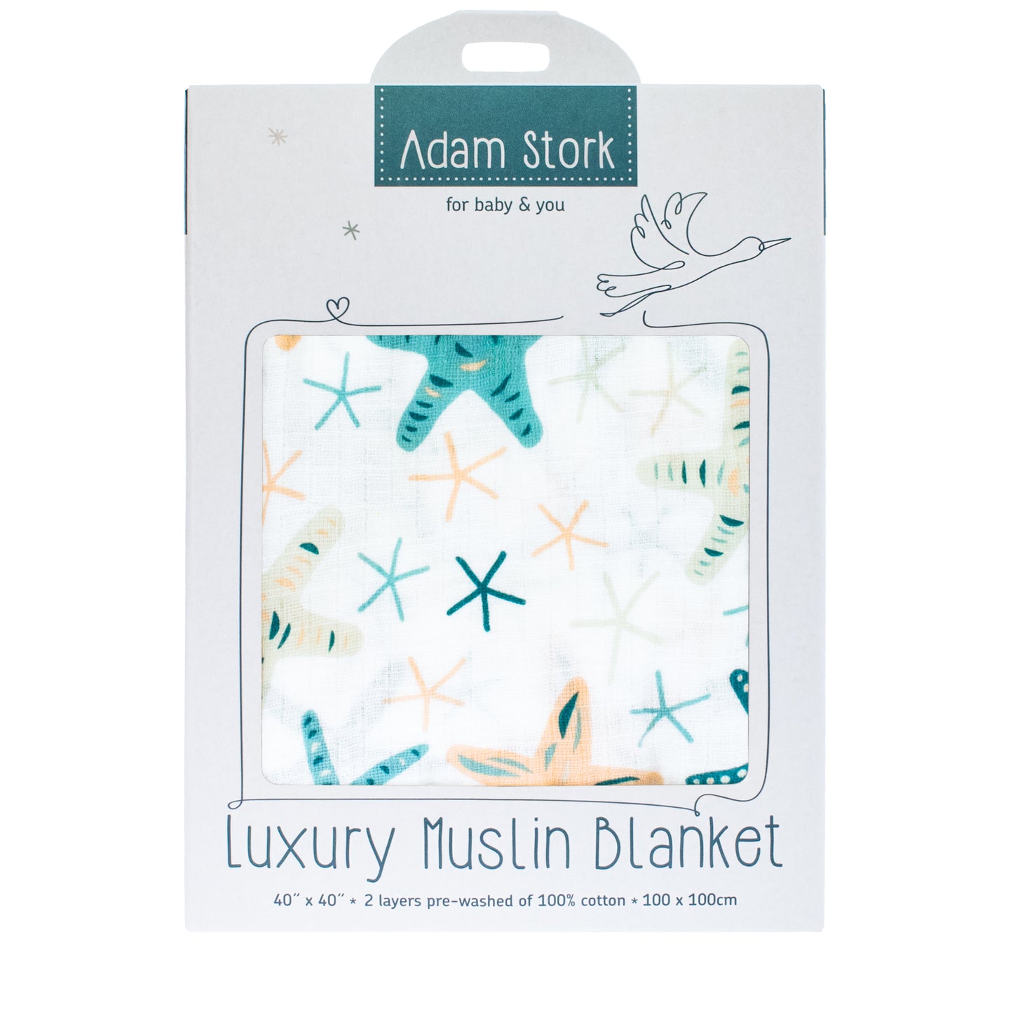 Adam Stork Muslin Swaddle Blanket Neutral Receiving Blanket for Boys and Girls - 100% Cotton Oeko-Tex 40x40 in - Essentials This Baby Blanket for Your Baby Swaddle Wrap - Blue Coral Starfish box